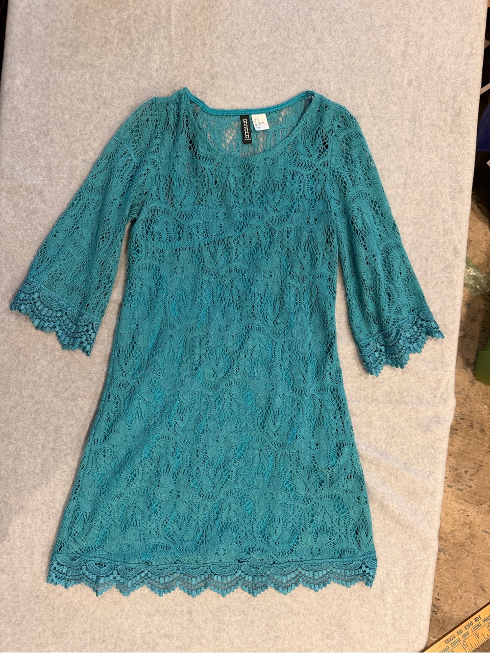 Boho Chic Divided by H&M Turquoise Lace Lined 3/4 Sleeve Shift Mini Dress Size 4